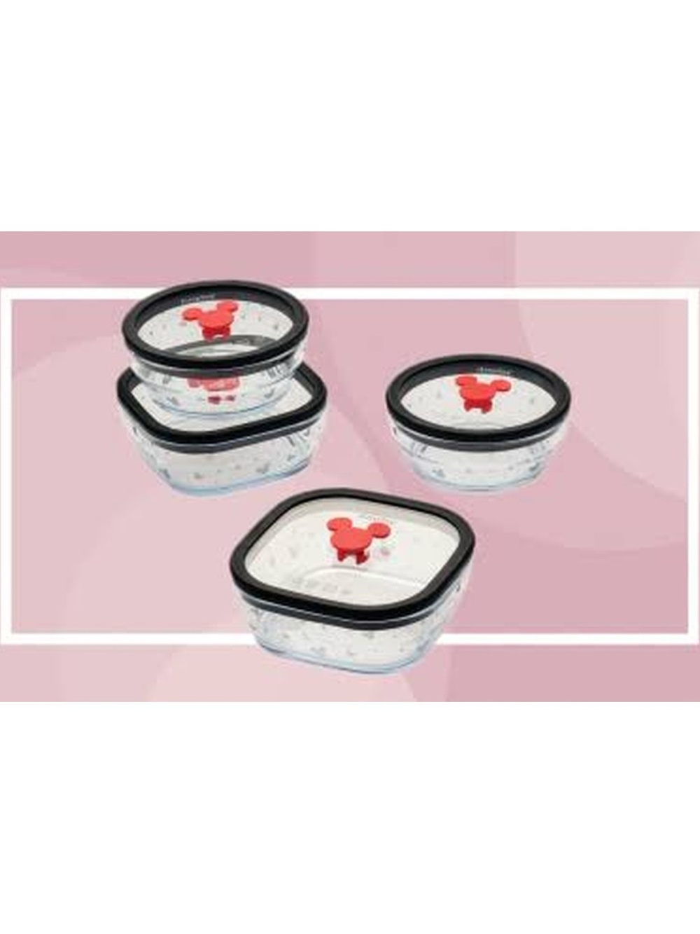 Anyday Disney Mickey Mouse 8pc Glass Food Storage Set 2 Round 2 Square Lids NIB